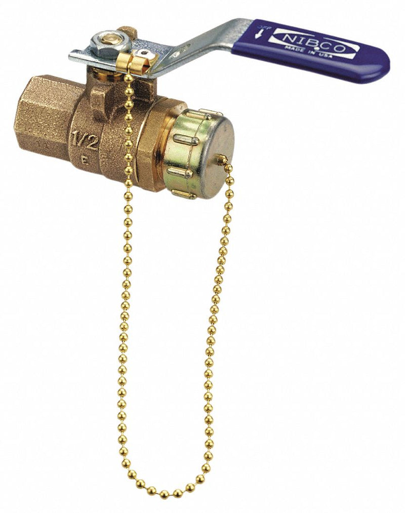 Nibco Ball Valve, Bronze, Inline, 2-Piece, Pipe Size 1/2 in, Connection Type FNPT x Hose Cap - T5857066HC 1/2