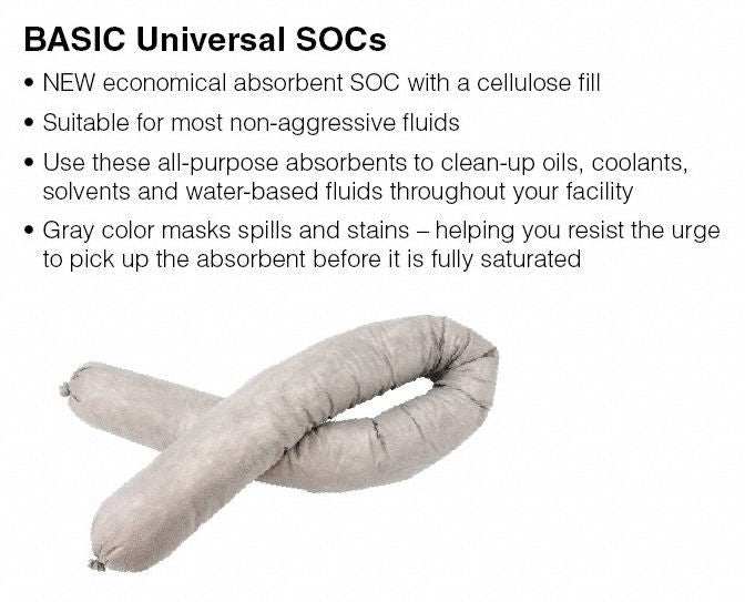 Brady Absorbent Sock, Universal, 40.6 gal, 3 ft 6 in - BSC20