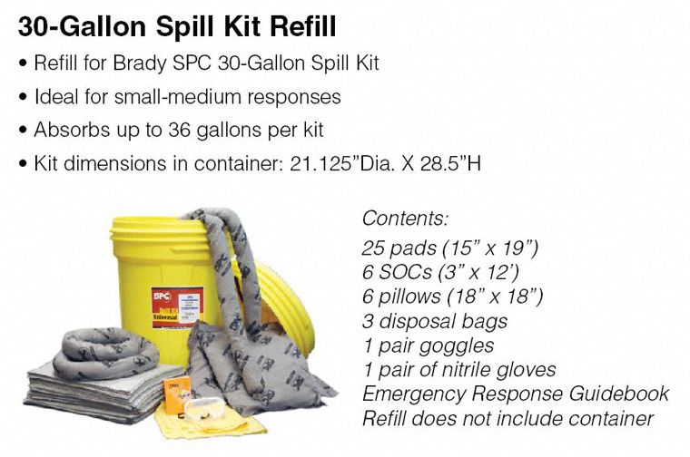 Brady Spill Kit Refill, Refill, Universal, 36 gal - SKA30-R