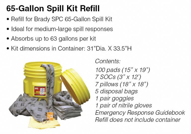 Brady Spill Kit Refill, Refill, Universal, 63 gal - SKA65-R