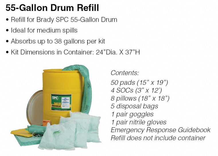 Brady Spill Kit Refill, Refill, Universal, 38 gal - SKA55-R