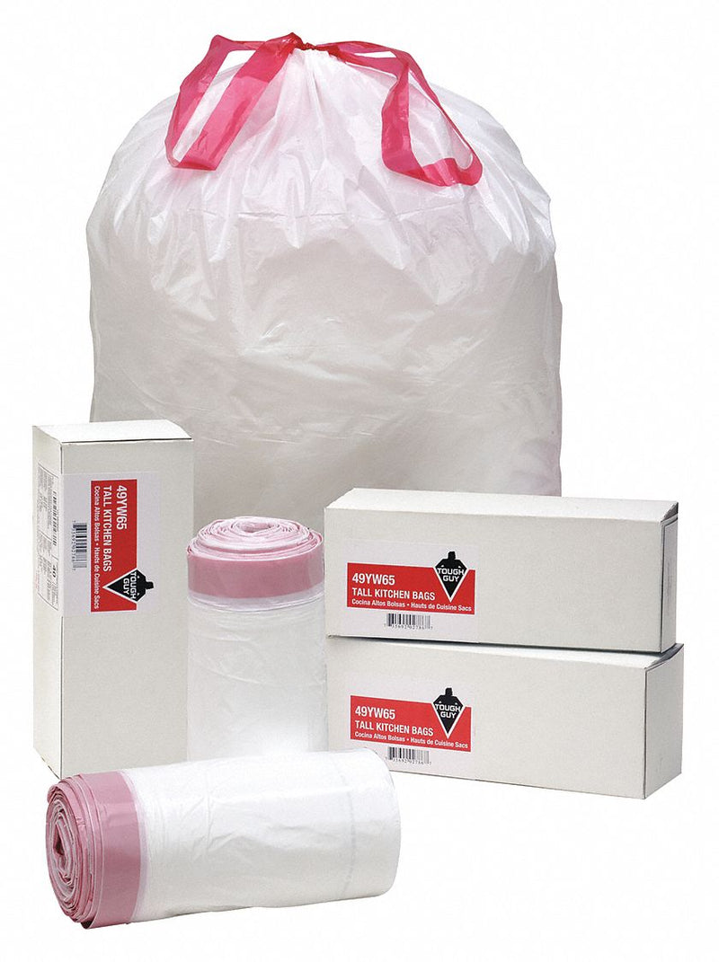 Tough Guy Recycled Material Trash Bag, 13 gal., LLDPE, Coreless Roll, White, PK 40 - 49YW65