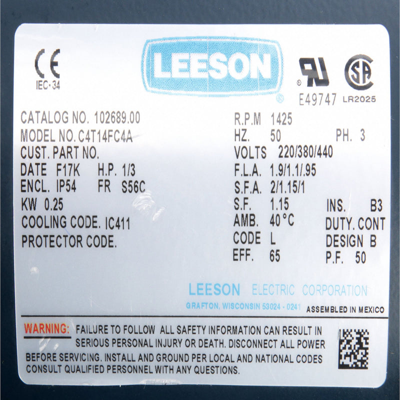 Leeson 1/3 HP 50 Hz Motor,3-Phase,1425 Nameplate RPM,220/380/440 Voltage,Frame 56C - 102689