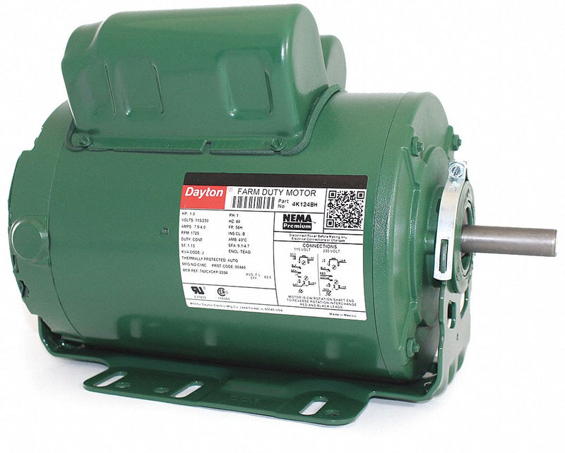 Dayton 1 HP Agricultural Fan Motor,Capacitor-Start/Run,1725 Nameplate RPM,115/230 Voltage,Frame 56H - 4K124