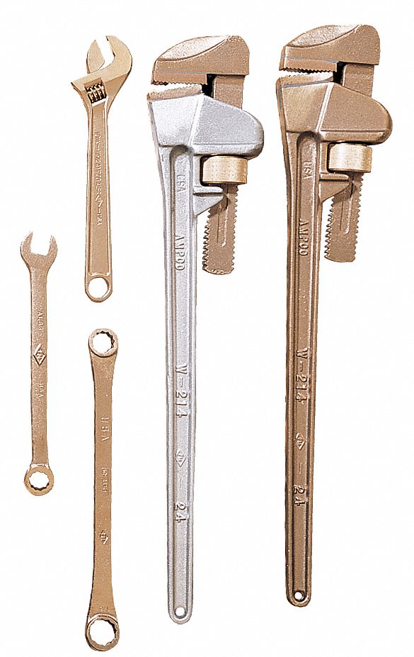 Ampco Straight Pipe Wrench, Aluminum Bronze, Natural, Jaw Capacity 1 15/16 in, Serrated - W-210
