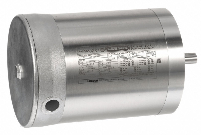 Leeson 3/4 HP Washdown Motor,3-Phase,1725 Nameplate RPM,208-230/460 Voltage,Frame 56C - 117129