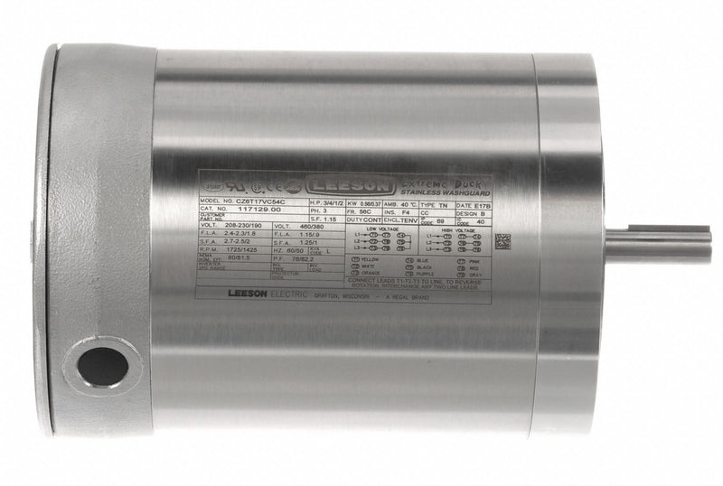 Leeson 3/4 HP Washdown Motor,3-Phase,1725 Nameplate RPM,208-230/460 Voltage,Frame 56C - 117129