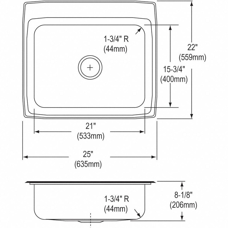 Elkay 25 in x 22 in x 8 1/8 in Drop-In Sink with Faucet Ledge with 21 in x 15-3/4 in Bowl Size - LR25224