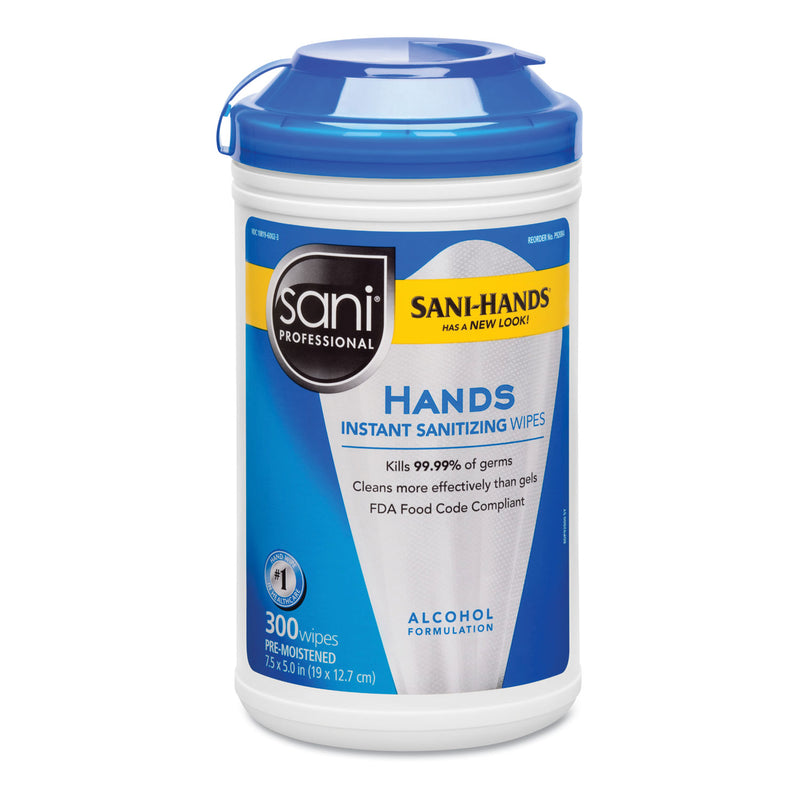 Sani Professional Hands Instant Sanitizing Wipes, 7 1/2 X 5, 300/Canister - NICP92084EA