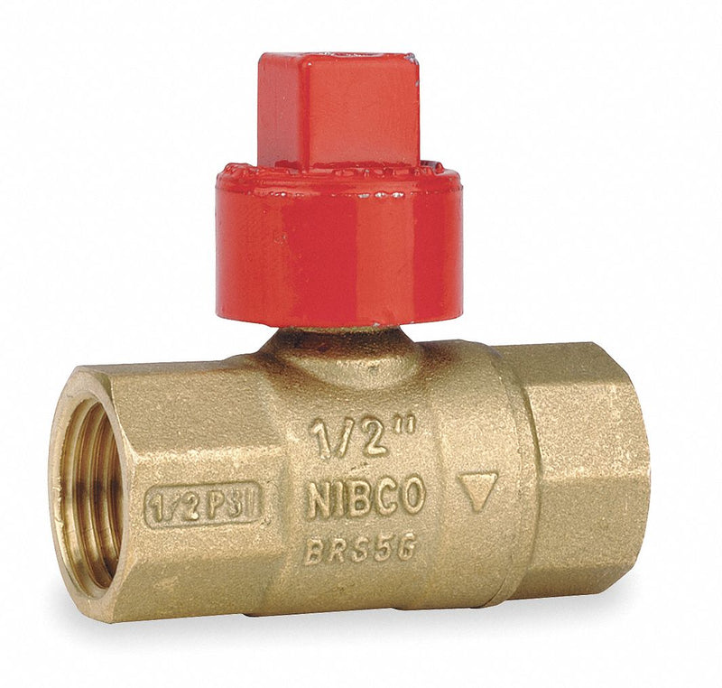 Nibco Gas Ball Valve, Brass, Inline, 2-Piece, Pipe Size 1/2 in, Connection Type FNPT x FNPT - GB2A