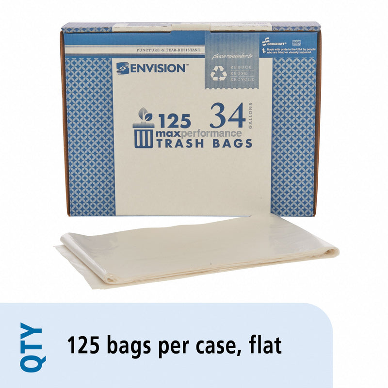 AbilityOne Trash Bag, 34 gal., LLDPE, Flat Pack, Clear, PK 125 - 8105-01-150-6256