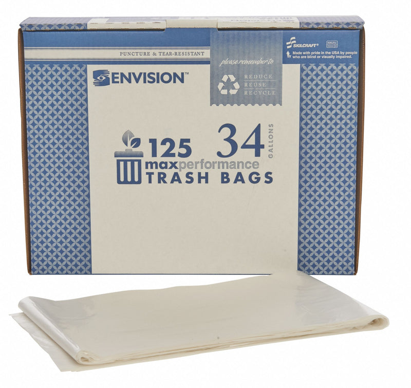 AbilityOne Trash Bag, 34 gal., LLDPE, Flat Pack, Clear, PK 125 - 8105-01-150-6256