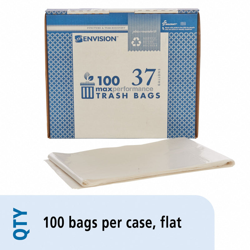 AbilityOne Trash Bag, 37 gal., LLDPE, Flat Pack, Clear, PK 100 - 8105-00-579-8451