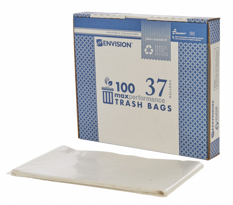 AbilityOne Trash Bag, 37 gal., LLDPE, Flat Pack, Clear, PK 100 - 8105-00-579-8451