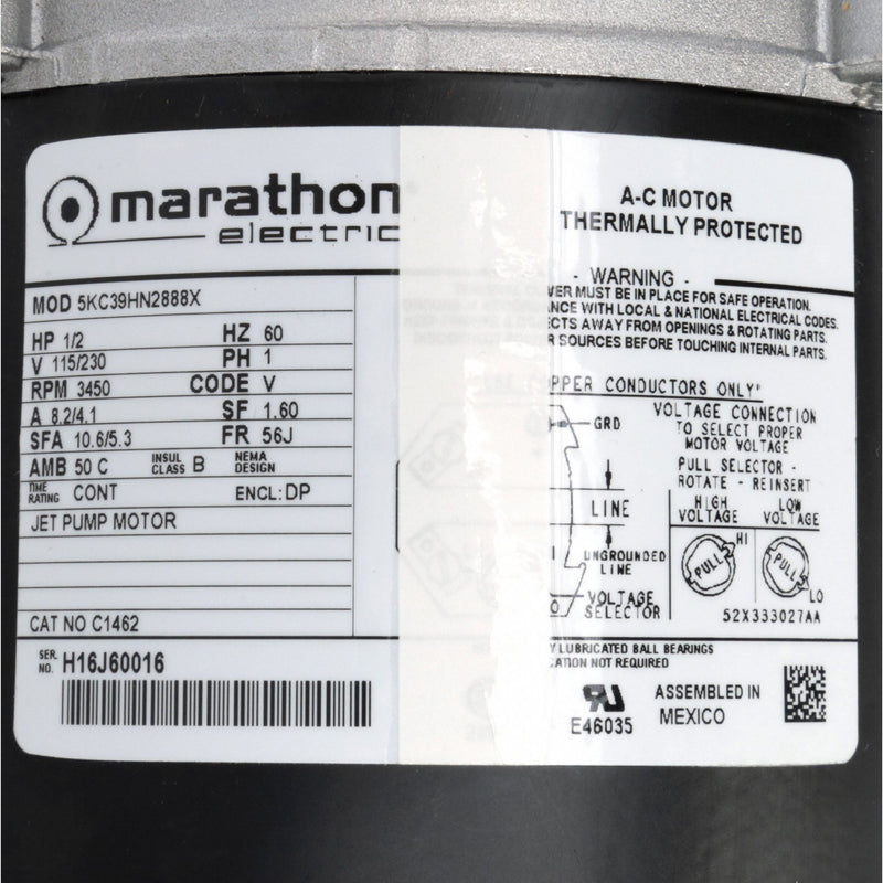 Marathon Motors 1/2 HP Jet Pump Motor, Capacitor-Start, 3450 Nameplate RPM, 115/230 Voltage, 56J Frame - 5KC39HN2888X