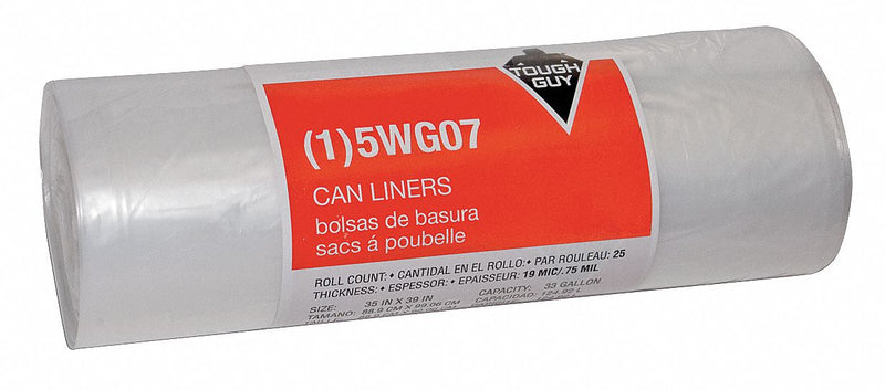 Tough Guy Trash Bag, 33 gal., Super Hexene HAO, Coreless Roll, Clear, PK 25 - 5WG07