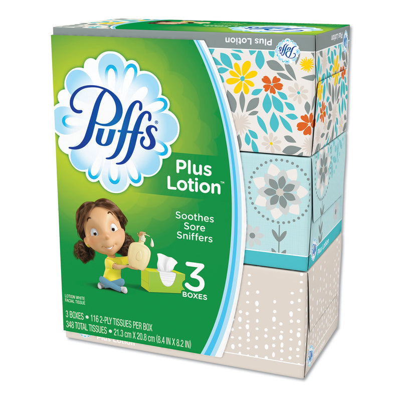 Puffs Plus Lotion Facial Tissue, White, 2-Ply, 116 Sheets/Box, 3 Boxes/Pack - PGC82086