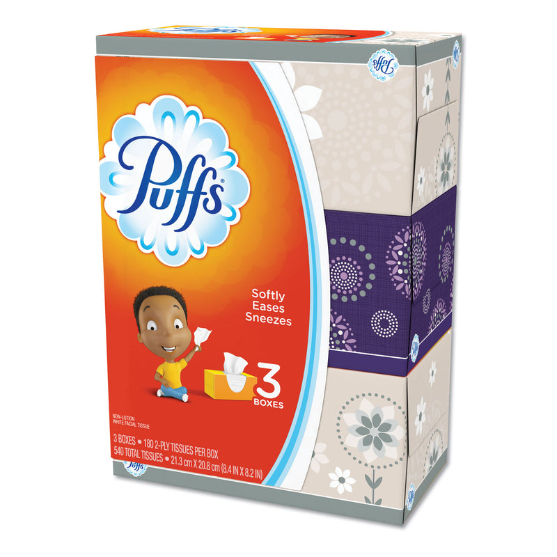 Puffs White Facial Tissue, 2-Ply, White, 180 Sheets/Box, 3 Boxes/Pack, 8 Packs/Carton - PGC87615