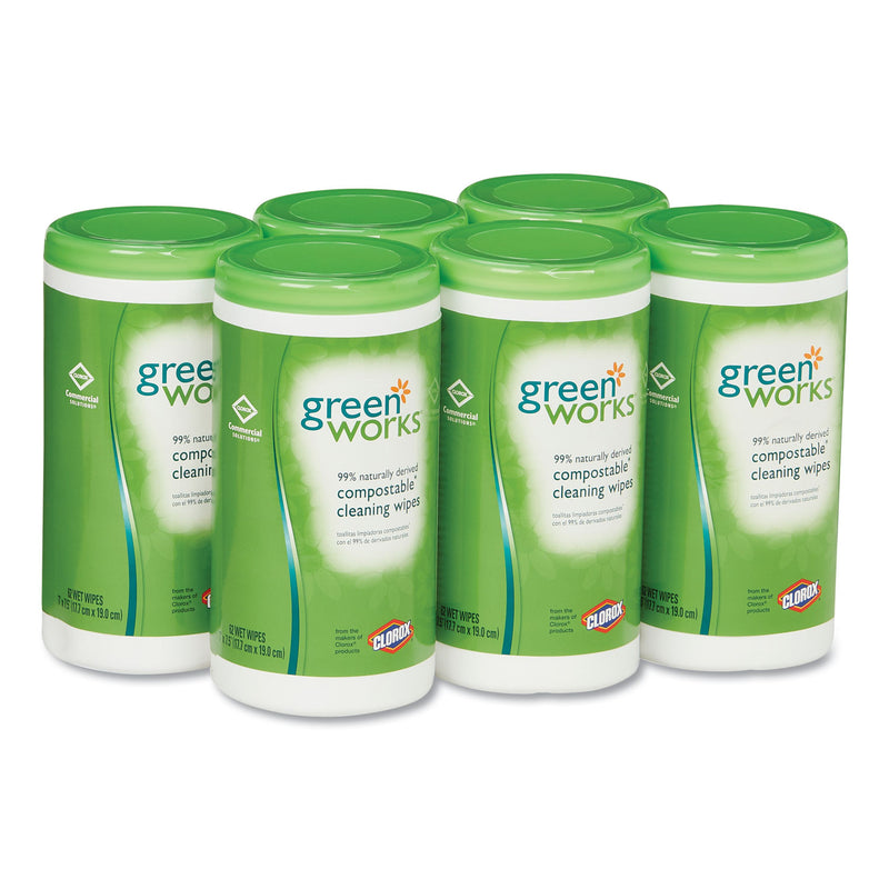 Green Works Compostable Cleaning Wipes, 7 X 7 1/2, Original Scent, 62/Canister, 6/Carton - CLO30380CT