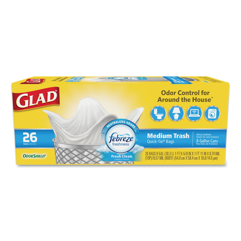 Glad Odorshield Medium Quick-Tie Trash Bags, 8 Gal, 0.57 Mil, 21.63" X 23", White, 156/Carton - CLO78815CT