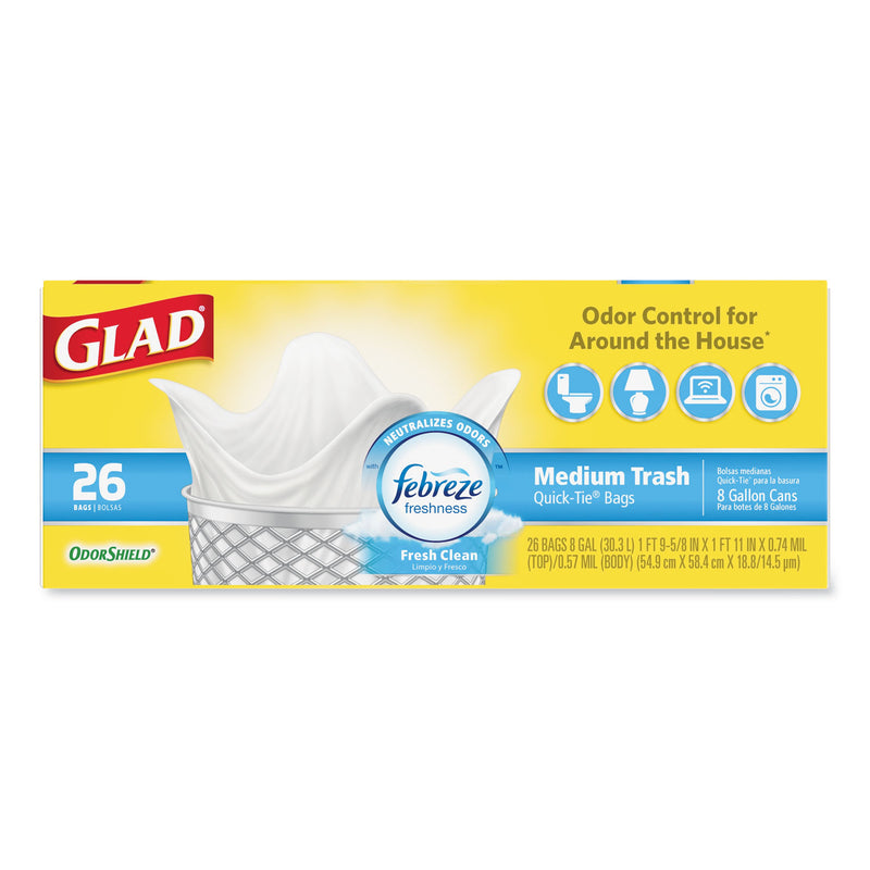 Glad Odorshield Medium Quick-Tie Trash Bags, 8 Gal, 0.57 Mil, 21.63" X 23", White, 156/Carton - CLO78815CT