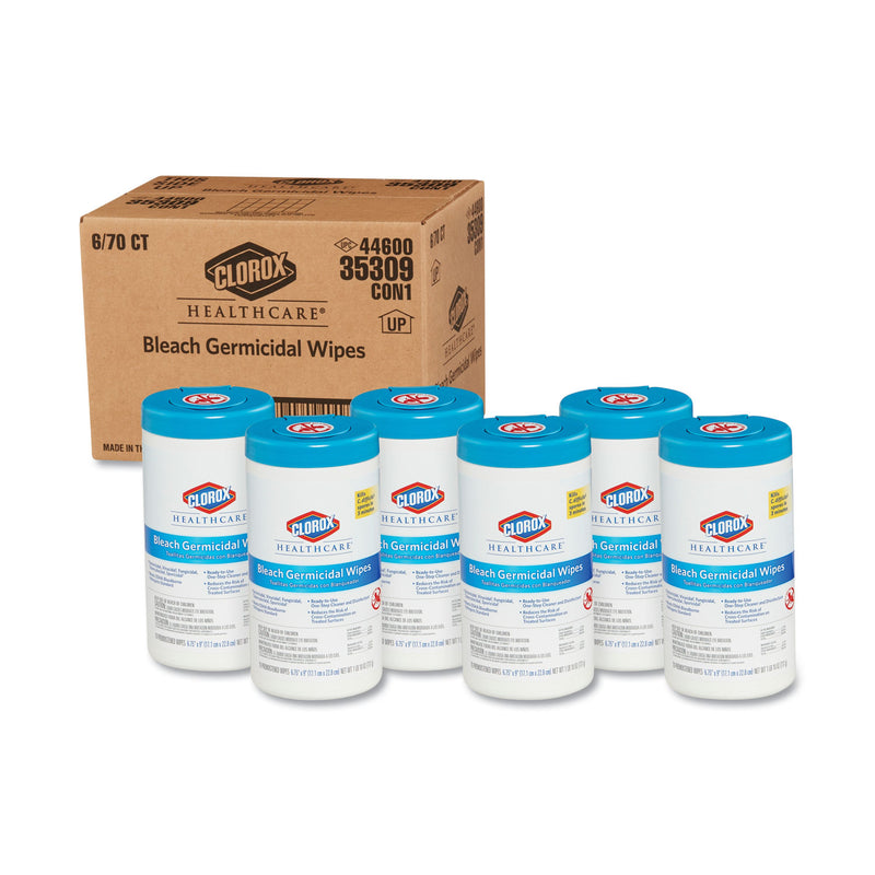 Clorox Healthcare Bleach Germicidal Wipes, 6 3/4 X 9, Unscented, 70/Canister - CLO35309CT