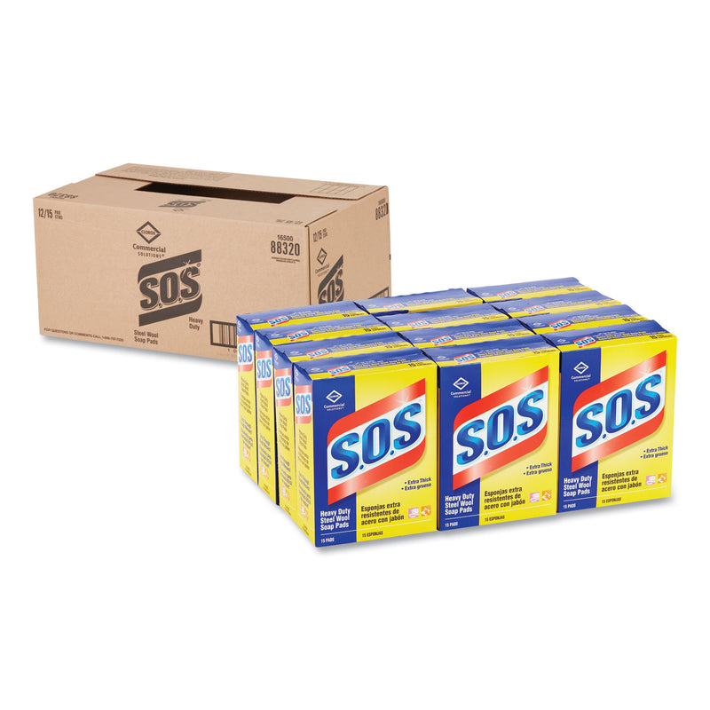 S.O.S Steel Wool Soap Pad, 15 Pads/Box, 12 Boxes/Carton - CLO88320CT