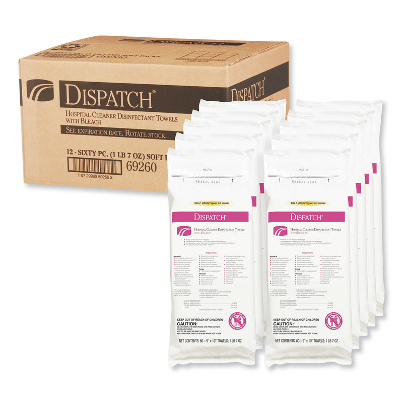 Clorox Healthcare Dispatch Cleaner Disinfectant Towels With Bleach, 9 X 10, 60/Pack, 12 Pks/Carton - CLO69260