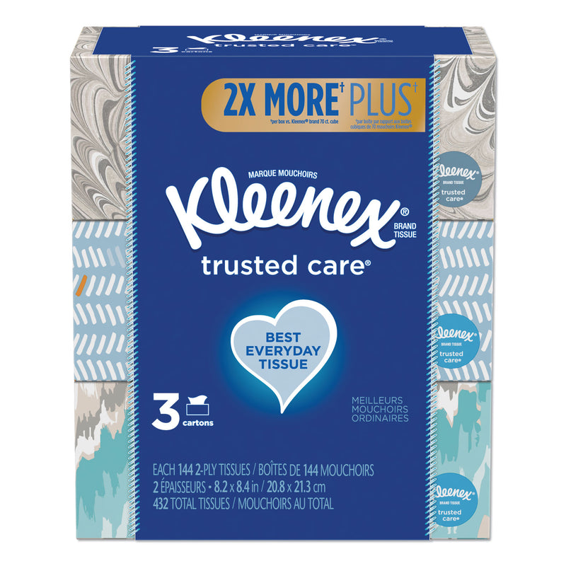 Kleenex Trusted Care Facial Tissue, 2-Ply, White, 144 Sheets/Box, 3 Boxes/Pack, 12 Packs/Carton - KCC50219