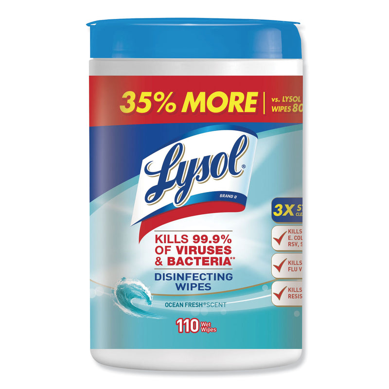 Lysol Disinfecting Wipes, 7 X 8, Ocean Fresh, 110 Wipes/Canister, 6 Canisters/Carton - RAC93010CT