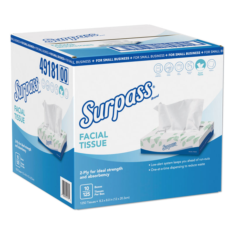 Surpass Facial Tissue, 2-Ply, White, Flat Box, 125/Box, 10 Boxes/Carton - KCC49181