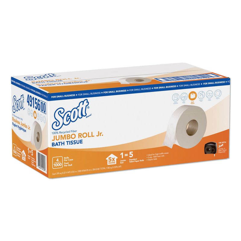Scott Essential 100% Recycled Fiber Jrt Bathroom Tissue, Septic Safe, 2-Ply, White, 1000 Ft, 4 Rolls/Carton - KCC49156