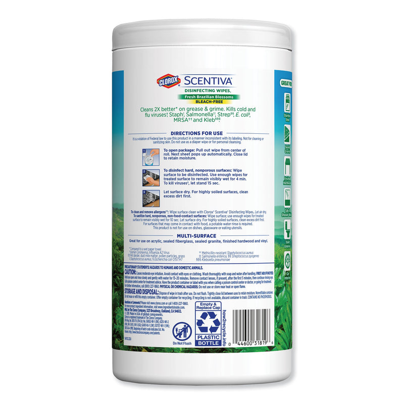 Clorox Scentiva Disinfecting Wipes, Fresh Brazilian Blossoms, 70/Canister,6 Canister/Ct - CLO31819