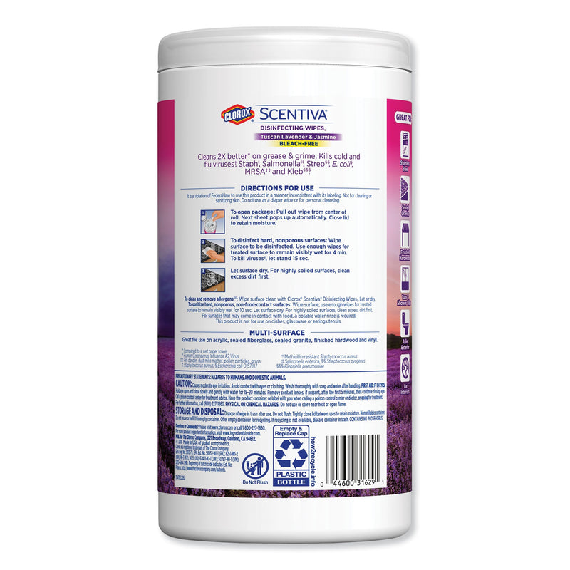 Clorox Scentiva Disinfecting Wipes, Tuscan Lavender And Jasmine, 7 X 8, 70/Canister, 6 Canisters/Carton - CLO31629