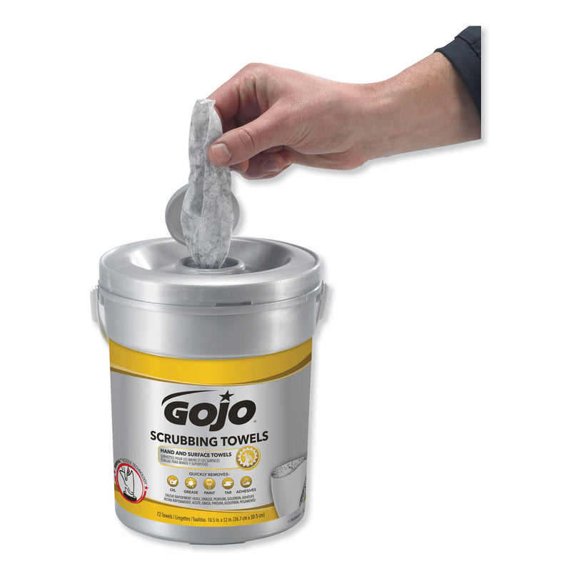 GOJO Scrubbing Towels, Hand Cleaning, Silver/Yellow, 10 1/2 X 12, 72/Bucket, 6/Carton - GOJ639606