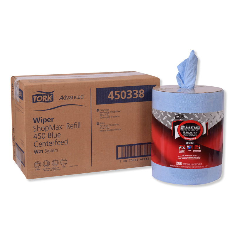 Tork Advanced Shopmax Wiper 450, Centerfeed Refill, 9.9X13.1, Blue, 200/Roll, 2 Rolls/Carton - TRK450338
