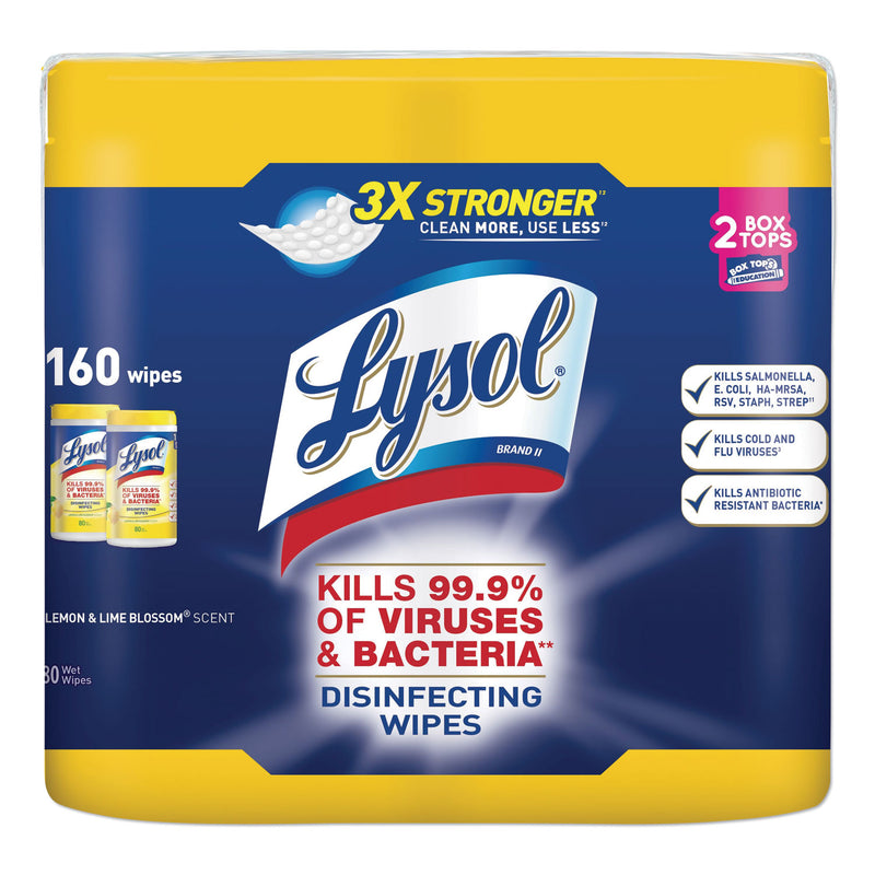 Lysol Disinfecting Wipes, 7 X 8, Lemon And Lime Blossom, 80 Wipes/Canister, 2 Canisters/Pack, 3 Packs/Carton - RAC80296