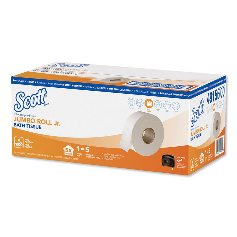 Scott Essential 100% Recycled Fiber Jrt Bathroom Tissue, Septic Safe, 2-Ply, White, 1000 Ft, 4 Rolls/Carton - KCC49156