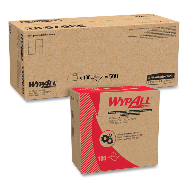 Wypall Oil, Grease And Ink Cloths, Pop-Up Box, 8 4/5 X 16 4/5, Blue, 100/Box, 5/Carton - KCC33570
