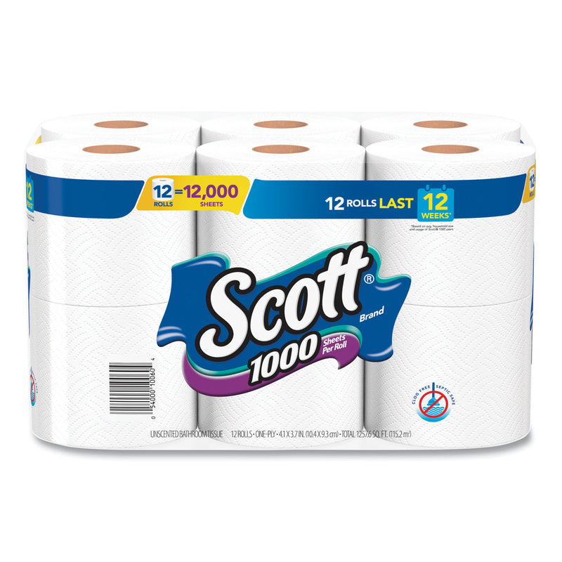 Scott Toilet Paper, Septic Safe, 1-Ply, White, 1000 Sheets/Roll, 12 Rolls/Pack, 4 Pack/Carton - KCC10060