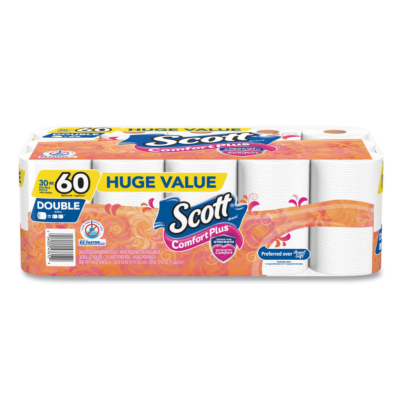 Scott Comfortplus Toilet Paper, Double Roll, Bath Tissue, Septic Safe, 1-Ply, White, 231 Sheets/Roll, 30 Rolls/Pack - KCC47612