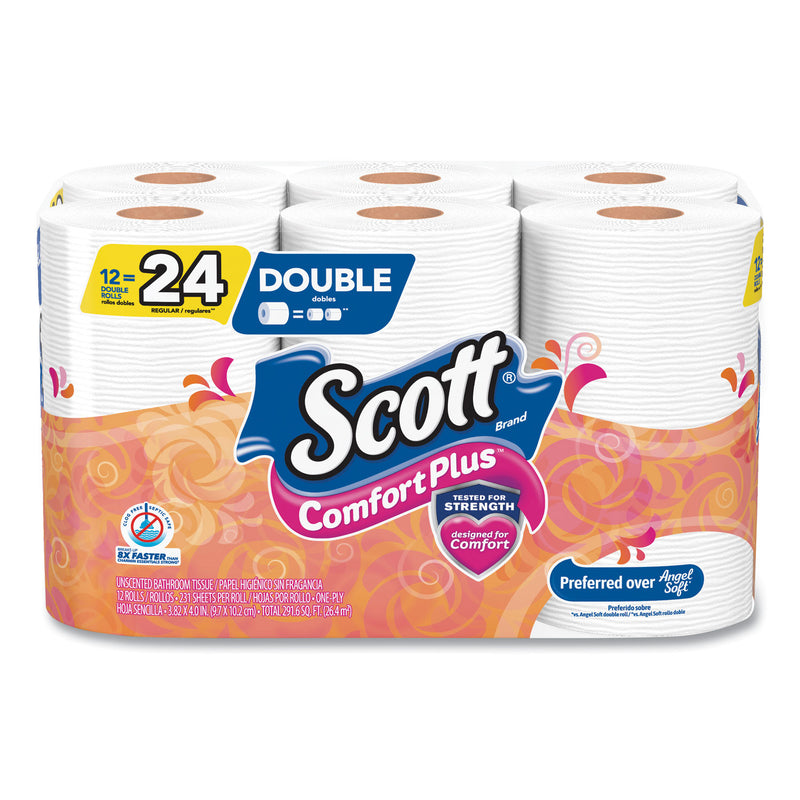 Scott Comfortplus Toilet Paper, Double Roll, Bath Tissue, Septic Safe, 1-Ply, White, 231 Sheets/Roll, 12 Rolls/Pack - KCC47618