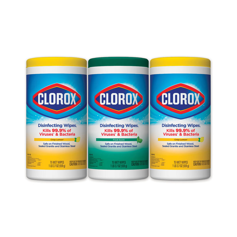 Clorox Disinfecting Wipes, 7 X 8, Fresh Scent/Citrus Blend, 75/Canister, 3/Pk - CLO30208PK