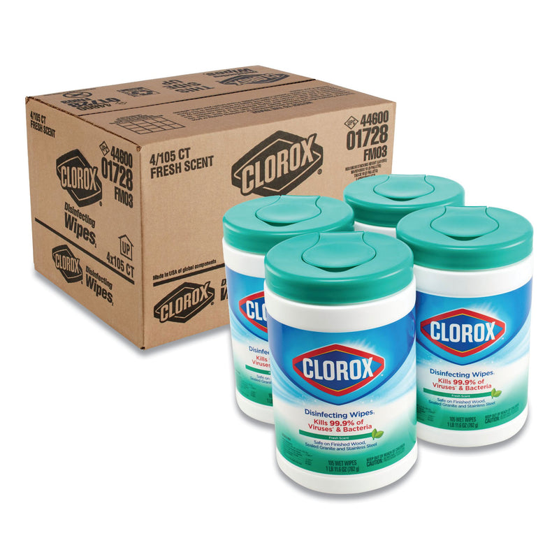 Clorox Disinfecting Wipes, White, 7 X 8, Fresh Scent, 105/Canister, 4 Canisters/Carton - CLO01728