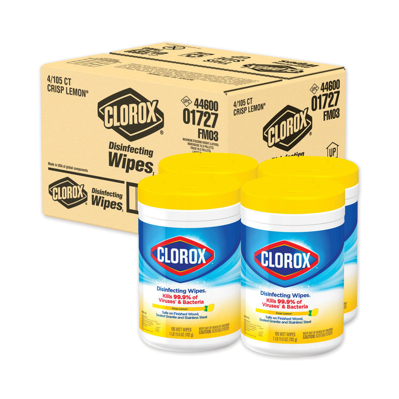 Clorox Disinfecting Wipes, 7 X 8, Crisp Lemon, 105/Canister, 4 Canisters/Carton - CLO01727