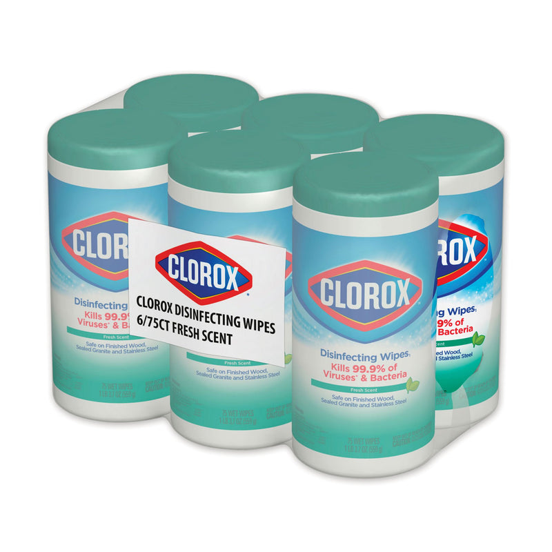 Clorox Disinfecting Wipes, Fresh Scent, 7 X 8, White, 75/Canister, 6 Canisters/Carton - CLO01656