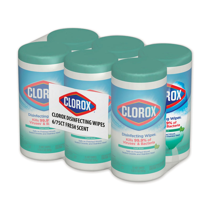 Clorox Disinfecting Wipes, Fresh Scent, 7 X 8, White, 75/Canister, 6 Canisters/Carton - CLO01656