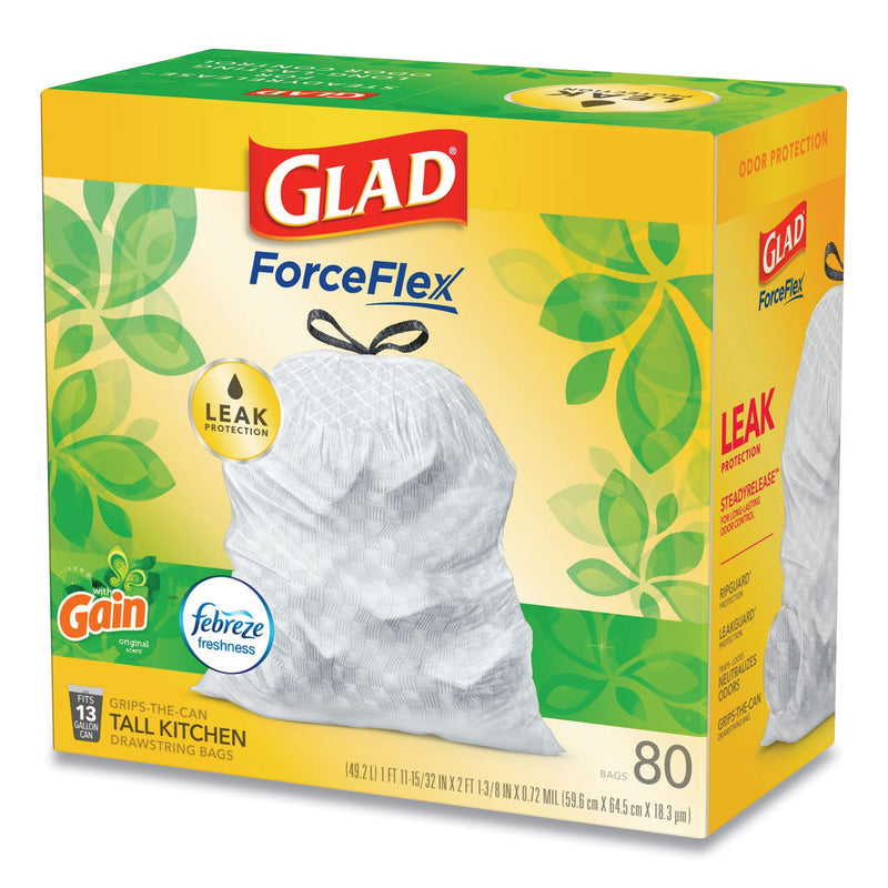 Glad Odorshield Tall Kitchen Drawstring Bags, 13 Gal, 0.95 Mil, 24" X 27.38", White, 80/Box - CLO78900BX