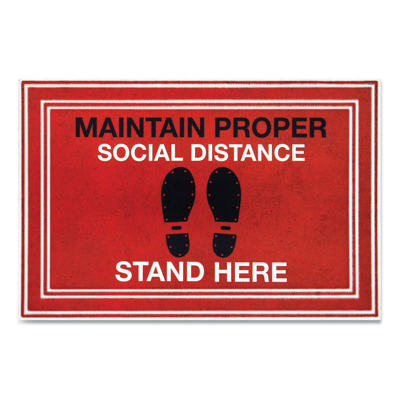 Apache Mills Message Floor Mats, 24 X 36, Red/Black, "Maintain Social Distance Stand Here" - APH3984528792X3