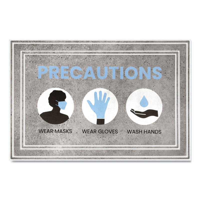 Apache Mills Message Floor Mats, 24 X 36, Gray/Blue, "Precautions Wear Masks Wear Gloves Wash Hands" - APH3984528812X3